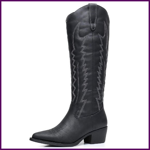 Women's Knee High Pointed Toe Western Cowboy Boots 2-Inch Heel